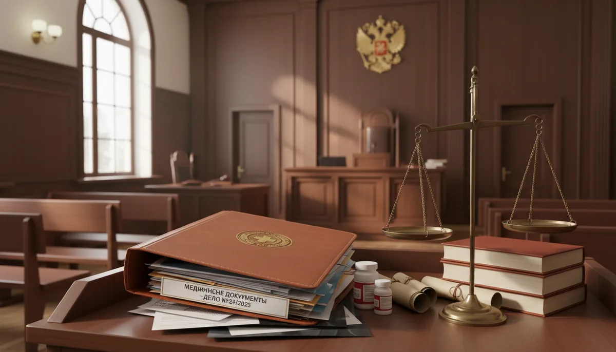 Судебный зал, папка с медицинскими документами, весы правосудия