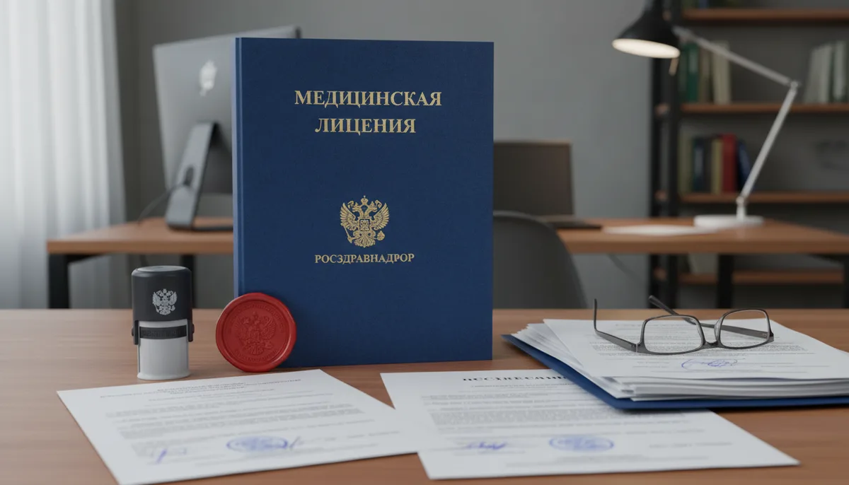 Медицинская лицензия, печать Росздравнадзора, папка с документами на рабочем столе