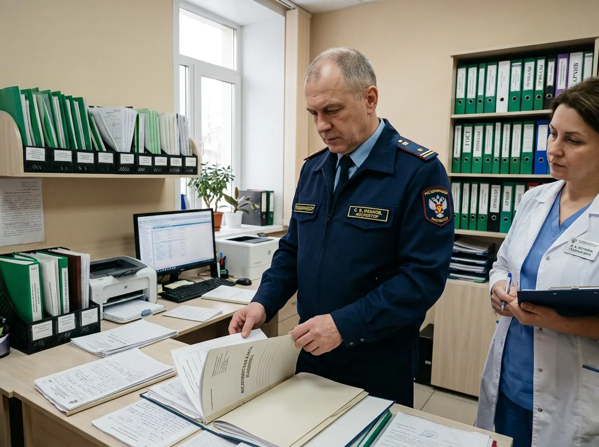 Инспектор Росздравнадзора изучает медицинскую документацию во время выездной проверки клиники